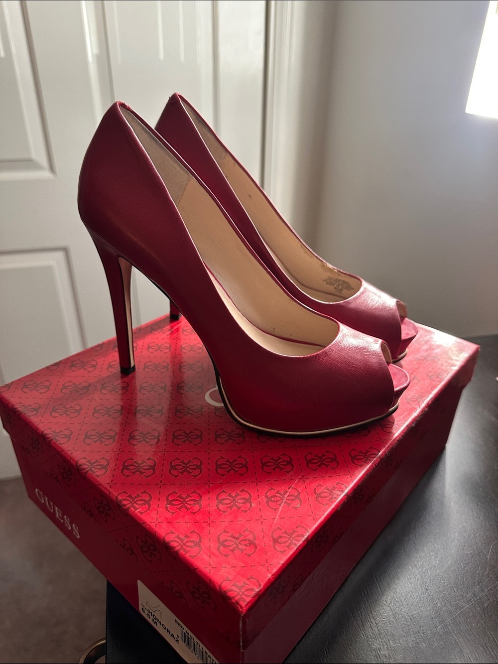 Guess Burgundy Peep-Toe Stiletto Pumps